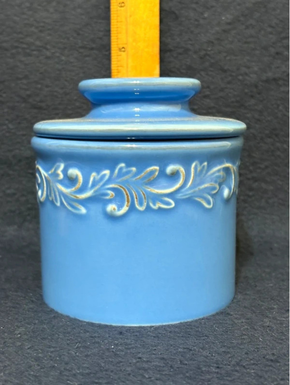 Butter Bell Crock Blue Ceramic Porcelain Relief Design